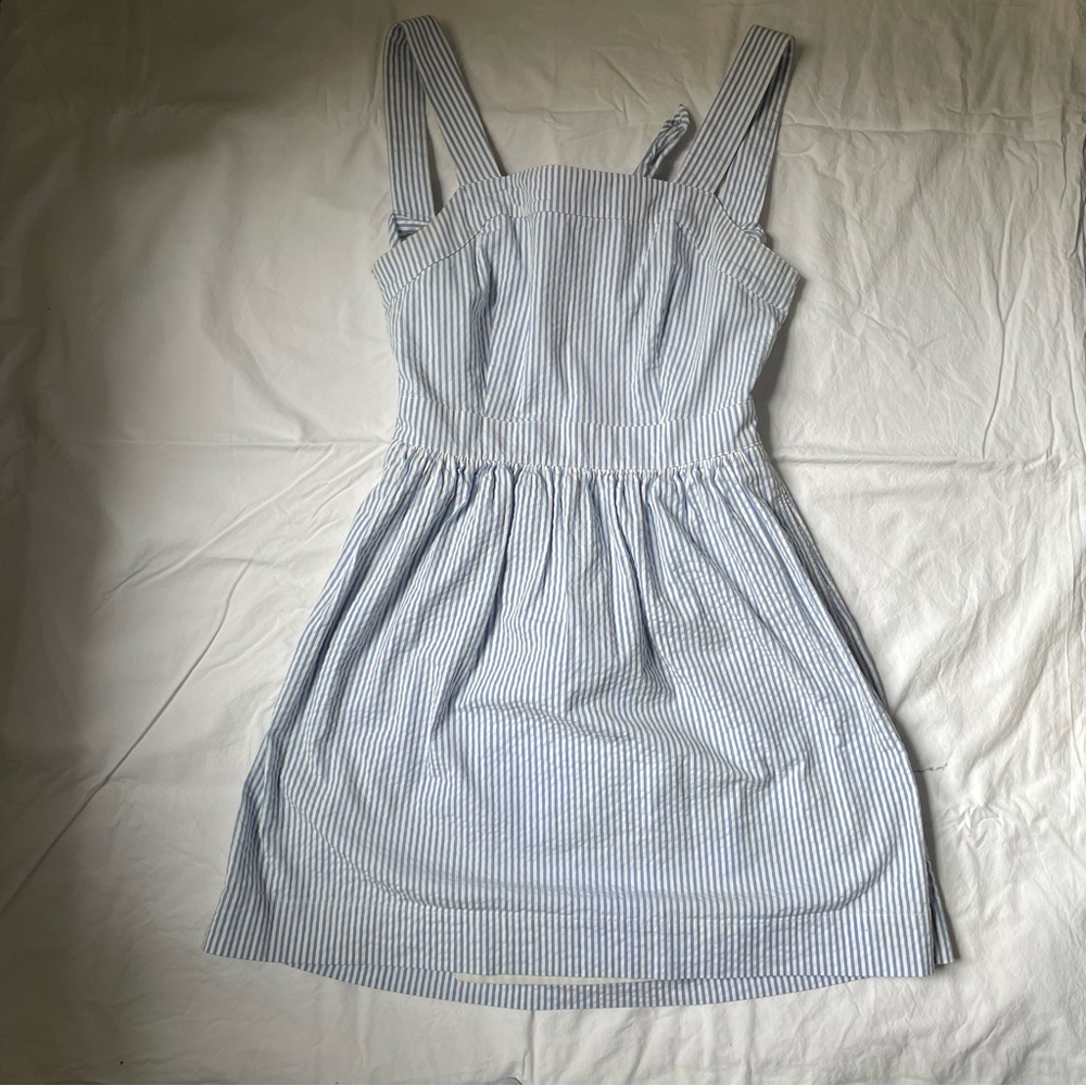 J Crew Seersucker Apron Dress Blue and White stripes size Small Womens